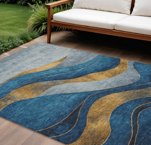 HomeRoots 8' X 10' Blue and Gold Abstract Rug - Washable Indoor/Outdoor Design for High Traffic Areas, Stylish! 624818