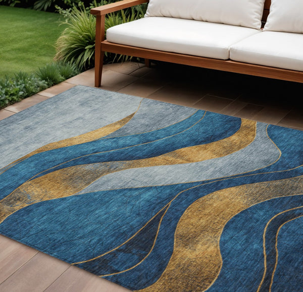 HomeRoots 9' Abstract Blue and Gold Area Rug - Stylish, Washable, Durable for Indoor and Outdoor Spaces! 624819