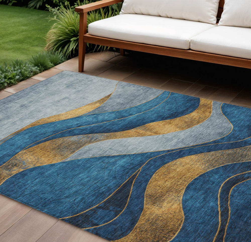 HomeRoots 10' Blue and Gold Abstract Washable Area Rug - Stylish Indoor Outdoor Design, Durable & Easy Care 624820