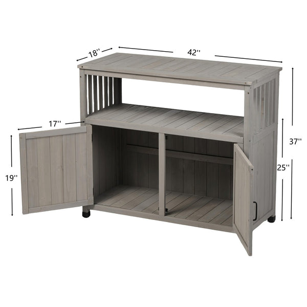 English Elm Wooden Solid Bar Height Buffet Cabinet with Slatted Panels for Patio or Dining W2640P262542