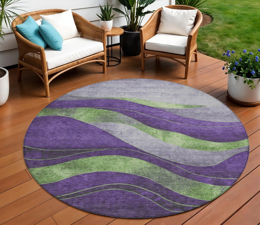 HomeRoots 8' Vibrant Purple and Green Round Abstract Rug – Washable, Durable, Indoor/Outdoor Stylish Decor! 624835