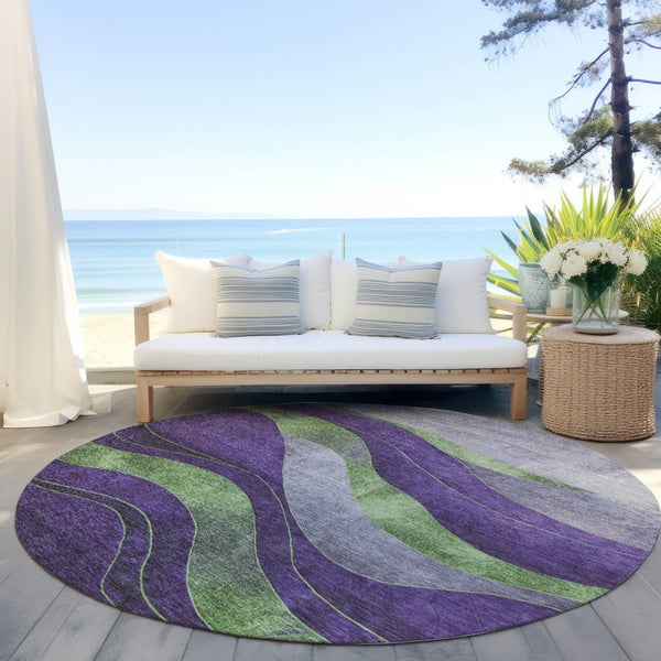 HomeRoots 8' Vibrant Purple and Green Round Abstract Rug – Washable, Durable, Indoor/Outdoor Stylish Decor! 624835
