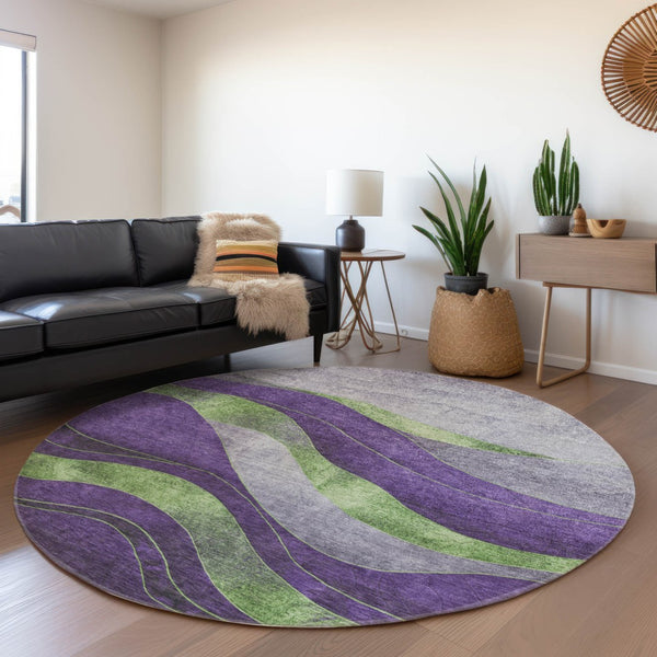 HomeRoots 8' Vibrant Purple and Green Round Abstract Rug – Washable, Durable, Indoor/Outdoor Stylish Decor! 624835