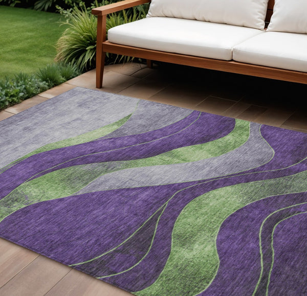 HomeRoots 8' X 10' Modern Purple and Green Abstract Washable Area Rug - Vibrant, Durable for Indoor/Outdoor Use! 624836