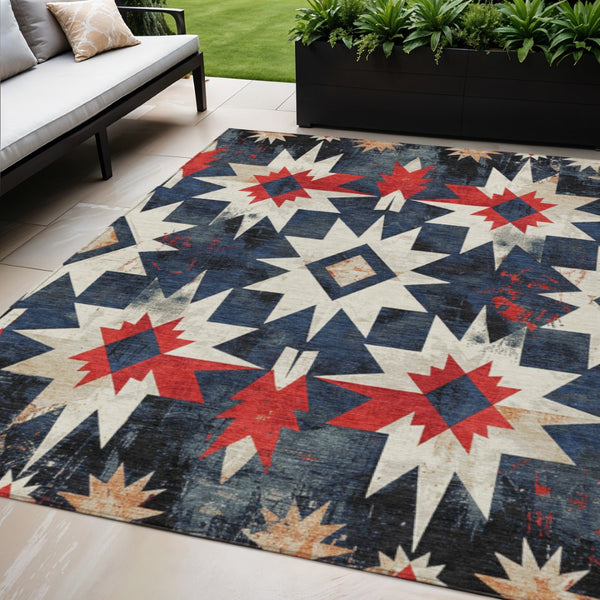 HomeRoots 5' X 8' Aztec Indoor Outdoor Area Rug - Navy Blue & Red, Machine Washable, Durable, Stylish Accent 624888