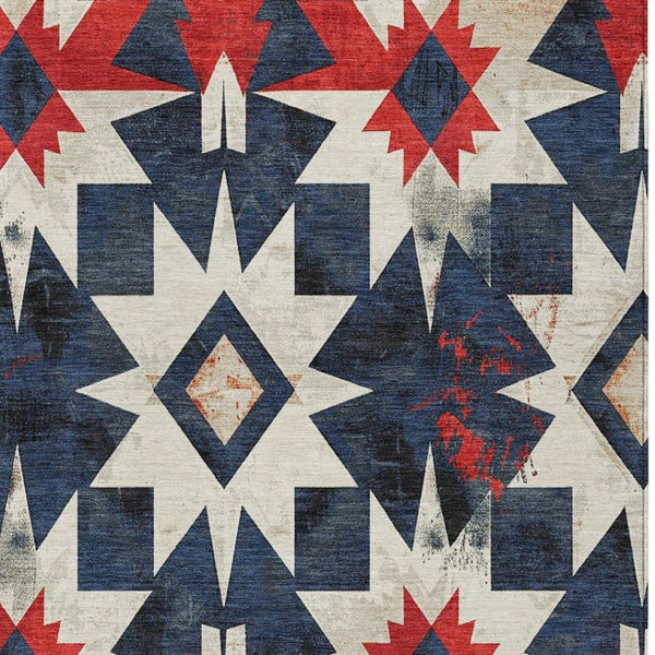 HomeRoots 5' X 8' Aztec Indoor Outdoor Area Rug - Navy Blue & Red, Machine Washable, Durable, Stylish Accent 624888