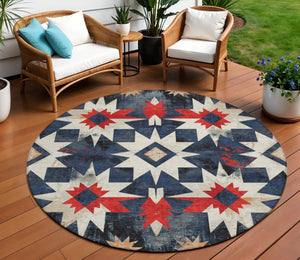 HomeRoots 8' Navy Blue and Red Round Aztec Rug - Durable, Washable Indoor/Outdoor Area Rug for Any Space! 624889