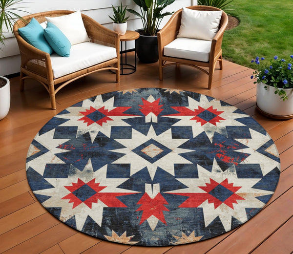 HomeRoots 8' Navy Blue and Red Round Aztec Rug - Durable, Washable Indoor/Outdoor Area Rug for Any Space! 624889