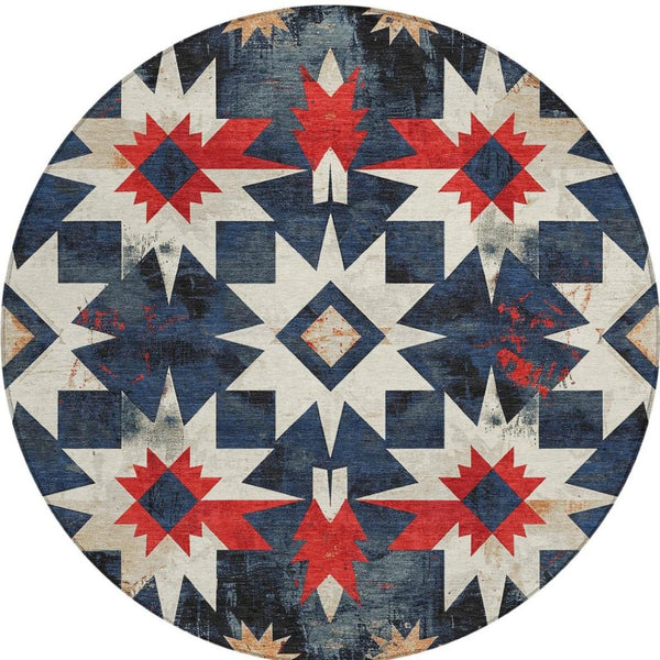 HomeRoots 8' Navy Blue and Red Round Aztec Rug - Durable, Washable Indoor/Outdoor Area Rug for Any Space! 624889