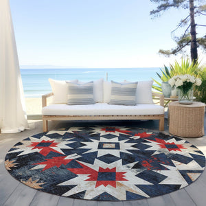 HomeRoots 8' Navy Blue and Red Round Aztec Rug - Durable, Washable Indoor/Outdoor Area Rug for Any Space! 624889