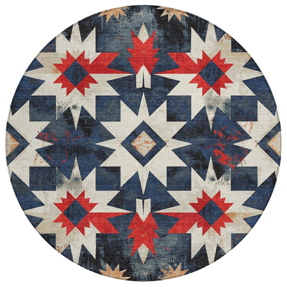 HomeRoots 8' Navy Blue and Red Round Aztec Rug - Durable, Washable Indoor/Outdoor Area Rug for Any Space! 624889