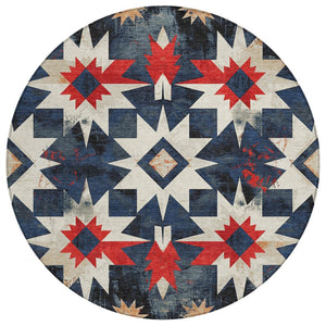 HomeRoots 8' Navy Blue and Red Round Aztec Rug - Durable, Washable Indoor/Outdoor Area Rug for Any Space! 624889