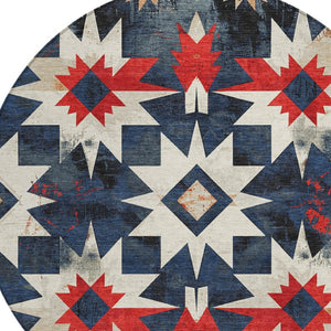 HomeRoots 8' Navy Blue and Red Round Aztec Rug - Durable, Washable Indoor/Outdoor Area Rug for Any Space! 624889