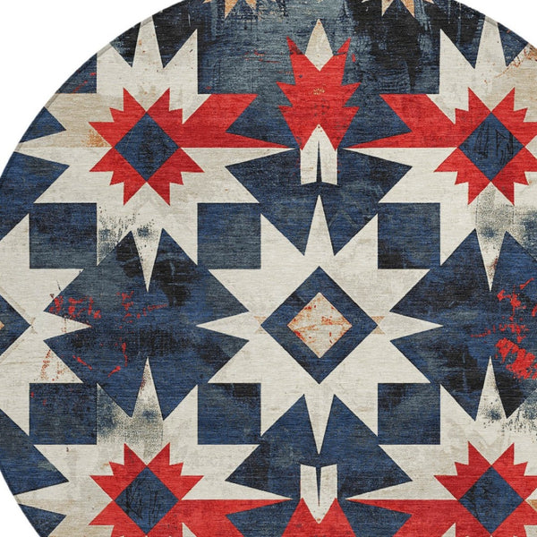 HomeRoots 8' Navy Blue and Red Round Aztec Rug - Durable, Washable Indoor/Outdoor Area Rug for Any Space! 624889