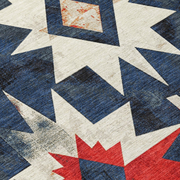 HomeRoots 8' Navy Blue and Red Round Aztec Rug - Durable, Washable Indoor/Outdoor Area Rug for Any Space! 624889