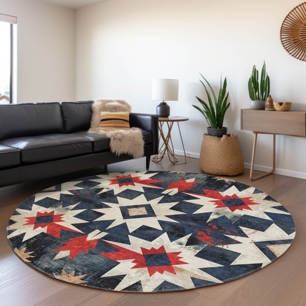 HomeRoots 8' Navy Blue and Red Round Aztec Rug - Durable, Washable Indoor/Outdoor Area Rug for Any Space! 624889
