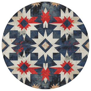 HomeRoots 8' Navy Blue and Red Round Aztec Rug - Durable, Washable Indoor/Outdoor Area Rug for Any Space! 624889
