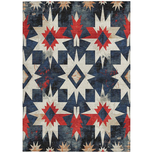 HomeRoots 9' X 12' Navy Blue and Red Aztec Area Rug - Washable, Durable, Stylish for Indoor & Outdoor Spaces 624891