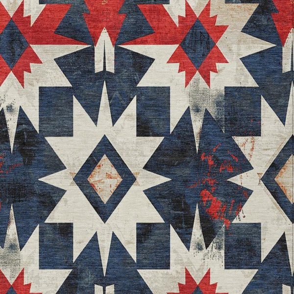 HomeRoots 9' X 12' Navy Blue and Red Aztec Area Rug - Washable, Durable, Stylish for Indoor & Outdoor Spaces 624891