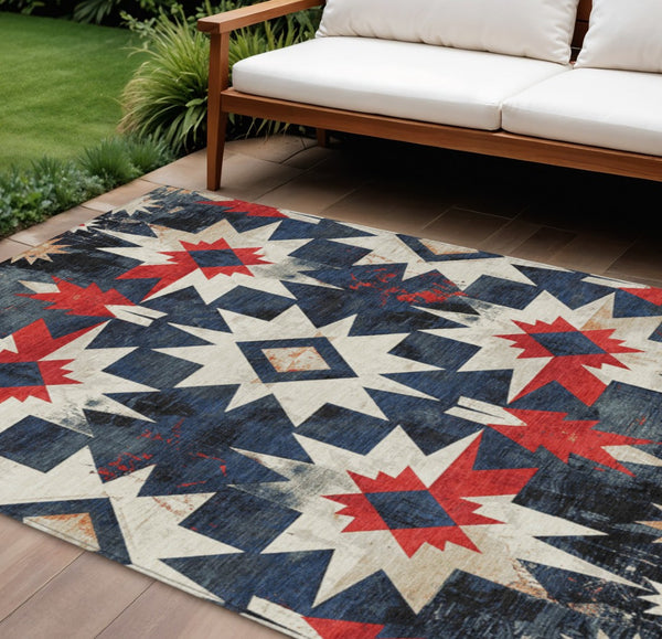HomeRoots 10' X 14' Navy Blue and Red Aztec Washable Rug - Durable, Stylish Indoor/Outdoor Area Essential 624892