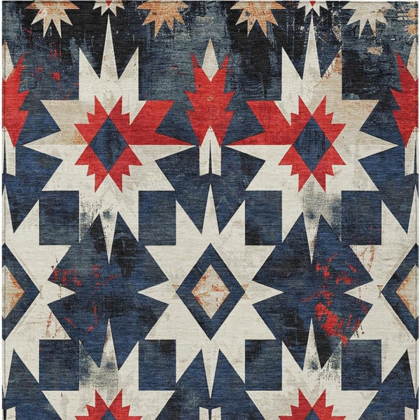 HomeRoots 10' X 14' Navy Blue and Red Aztec Washable Rug - Durable, Stylish Indoor/Outdoor Area Essential 624892