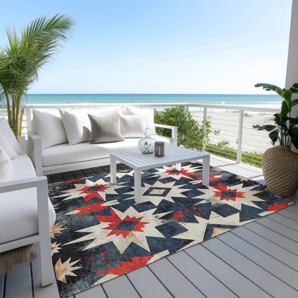 HomeRoots 10' X 14' Navy Blue and Red Aztec Washable Rug - Durable, Stylish Indoor/Outdoor Area Essential 624892
