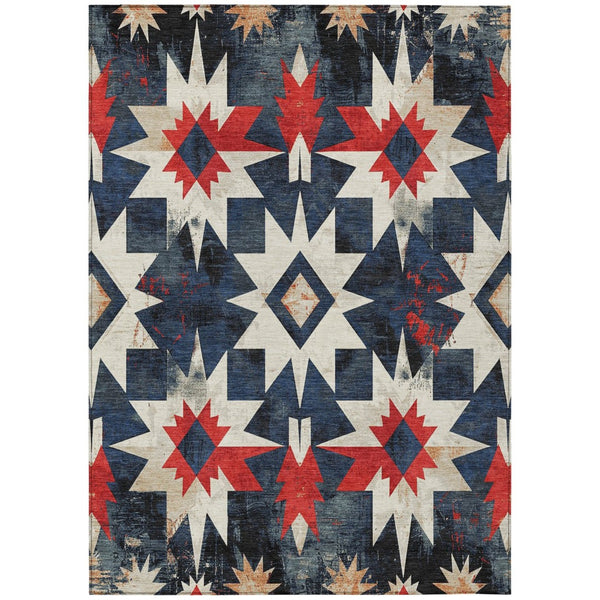 HomeRoots 10' X 14' Navy Blue and Red Aztec Washable Rug - Durable, Stylish Indoor/Outdoor Area Essential 624892