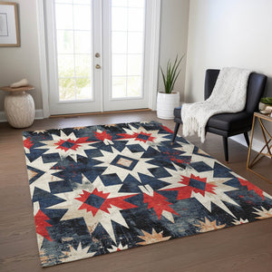 HomeRoots 10' X 14' Navy Blue and Red Aztec Washable Rug - Durable, Stylish Indoor/Outdoor Area Essential 624892