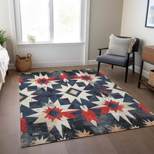 HomeRoots 10' X 14' Navy Blue and Red Aztec Washable Rug - Durable, Stylish Indoor/Outdoor Area Essential 624892