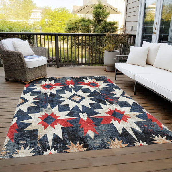 HomeRoots 10' X 14' Navy Blue and Red Aztec Washable Rug - Durable, Stylish Indoor/Outdoor Area Essential 624892