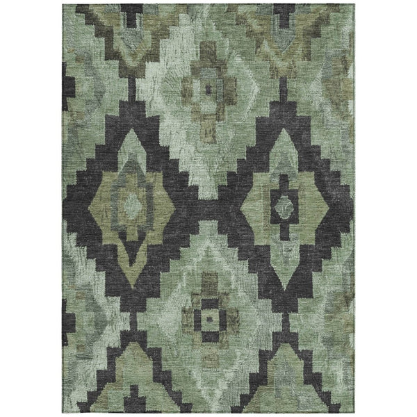 HomeRoots 5' Artichoke Green & Charcoal Aztec Washable Area Rug - Durable, Stylish for Indoor & Outdoor Use 624894