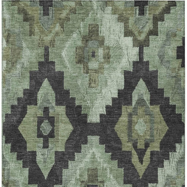 HomeRoots 5' Artichoke Green & Charcoal Aztec Washable Area Rug - Durable, Stylish for Indoor & Outdoor Use 624894