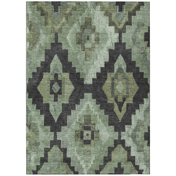 HomeRoots 5' Artichoke Green & Charcoal Aztec Washable Area Rug - Durable, Stylish for Indoor & Outdoor Use 624894