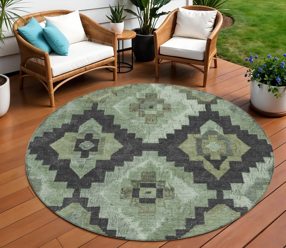 HomeRoots 8' Aztec Round Area Rug - Artichoke Green & Charcoal, Washable, Durable for Indoor & Outdoor Use 624895