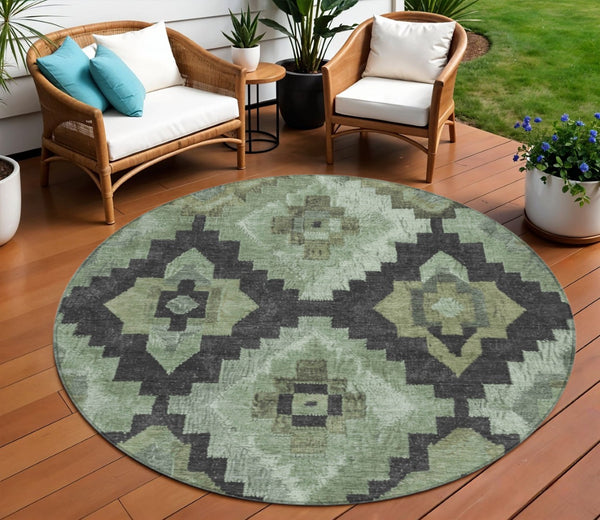 HomeRoots 8' Aztec Round Area Rug - Artichoke Green & Charcoal, Washable, Durable for Indoor & Outdoor Use 624895