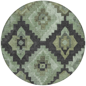HomeRoots 8' Aztec Round Area Rug - Artichoke Green & Charcoal, Washable, Durable for Indoor & Outdoor Use 624895