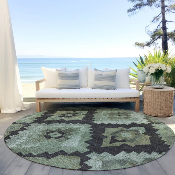 HomeRoots 8' Aztec Round Area Rug - Artichoke Green & Charcoal, Washable, Durable for Indoor & Outdoor Use 624895