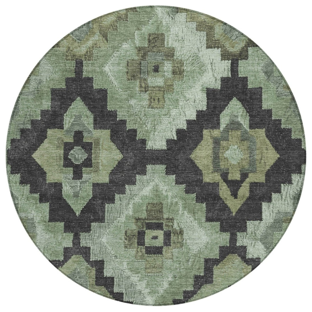 HomeRoots 8' Aztec Round Area Rug - Artichoke Green & Charcoal, Washable, Durable for Indoor & Outdoor Use 624895