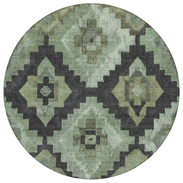 HomeRoots 8' Aztec Round Area Rug - Artichoke Green & Charcoal, Washable, Durable for Indoor & Outdoor Use 624895