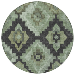 HomeRoots 8' Aztec Round Area Rug - Artichoke Green & Charcoal, Washable, Durable for Indoor & Outdoor Use 624895