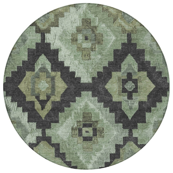 HomeRoots 8' Aztec Round Area Rug - Artichoke Green & Charcoal, Washable, Durable for Indoor & Outdoor Use 624895