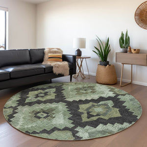 HomeRoots 8' Aztec Round Area Rug - Artichoke Green & Charcoal, Washable, Durable for Indoor & Outdoor Use 624895