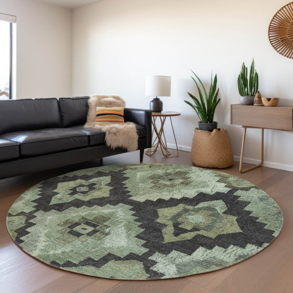 HomeRoots 8' Aztec Round Area Rug - Artichoke Green & Charcoal, Washable, Durable for Indoor & Outdoor Use 624895