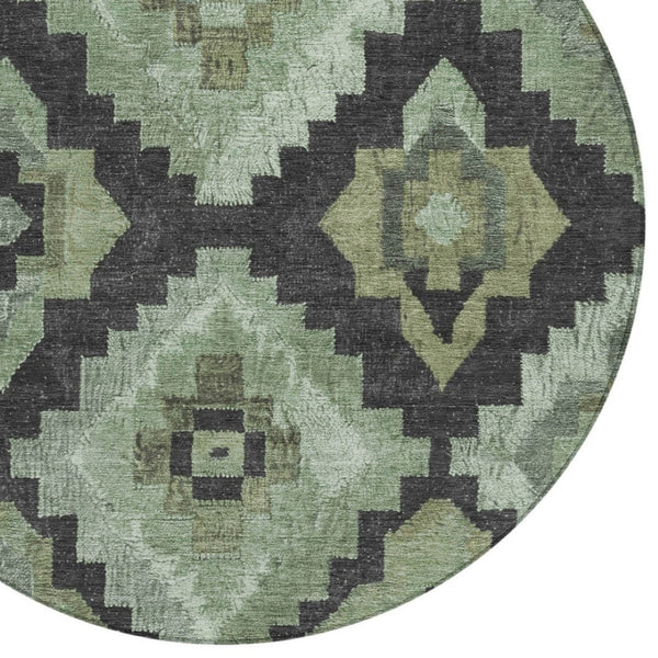 HomeRoots 8' Aztec Round Area Rug - Artichoke Green & Charcoal, Washable, Durable for Indoor & Outdoor Use 624895