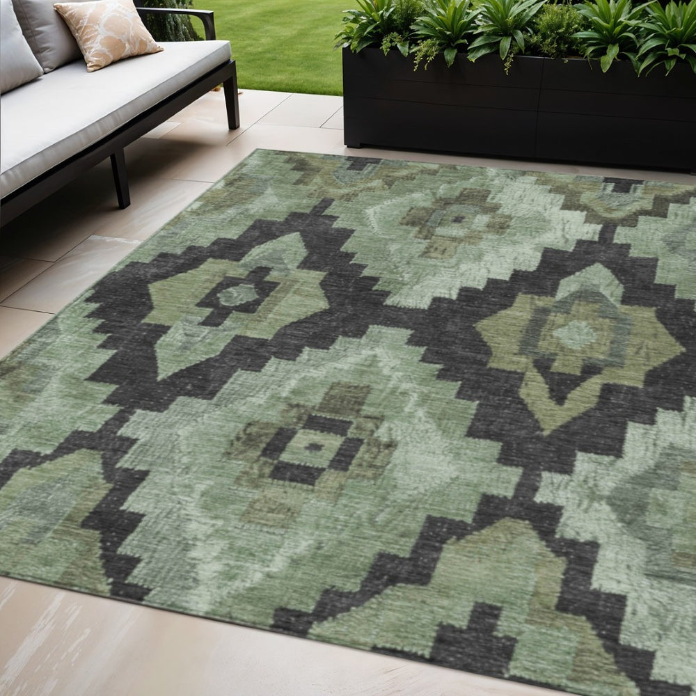 HomeRoots 9' Artichoke Green & Charcoal Aztec Washable Area Rug - Indoor/Outdoor, Durable, Stylish, Easy-Care! 624897