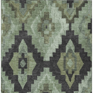 HomeRoots 10' Aztec-Inspired Artichoke Green & Charcoal Washable Indoor/Outdoor Area Rug for Busy Homes 624898