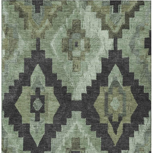 HomeRoots 10' Aztec-Inspired Artichoke Green & Charcoal Washable Indoor/Outdoor Area Rug for Busy Homes 624898