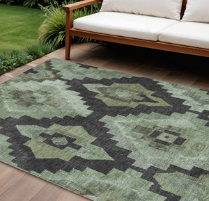 HomeRoots 10' Aztec-Inspired Artichoke Green & Charcoal Washable Indoor/Outdoor Area Rug for Busy Homes 624898