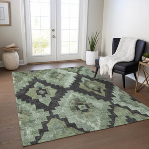 HomeRoots 10' Aztec-Inspired Artichoke Green & Charcoal Washable Indoor/Outdoor Area Rug for Busy Homes 624898