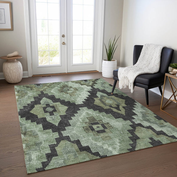 HomeRoots 10' Aztec-Inspired Artichoke Green & Charcoal Washable Indoor/Outdoor Area Rug for Busy Homes 624898